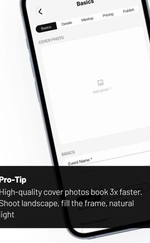 Create-event Basics form with cover photo and event name