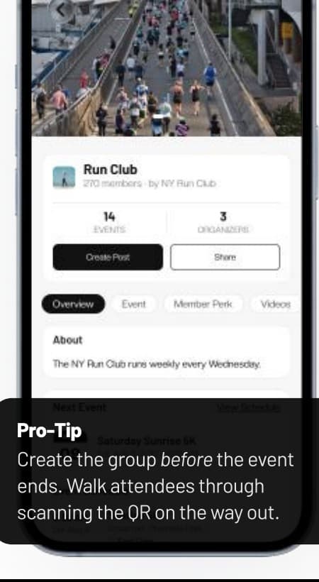 Run Club group page with members, events and organizers