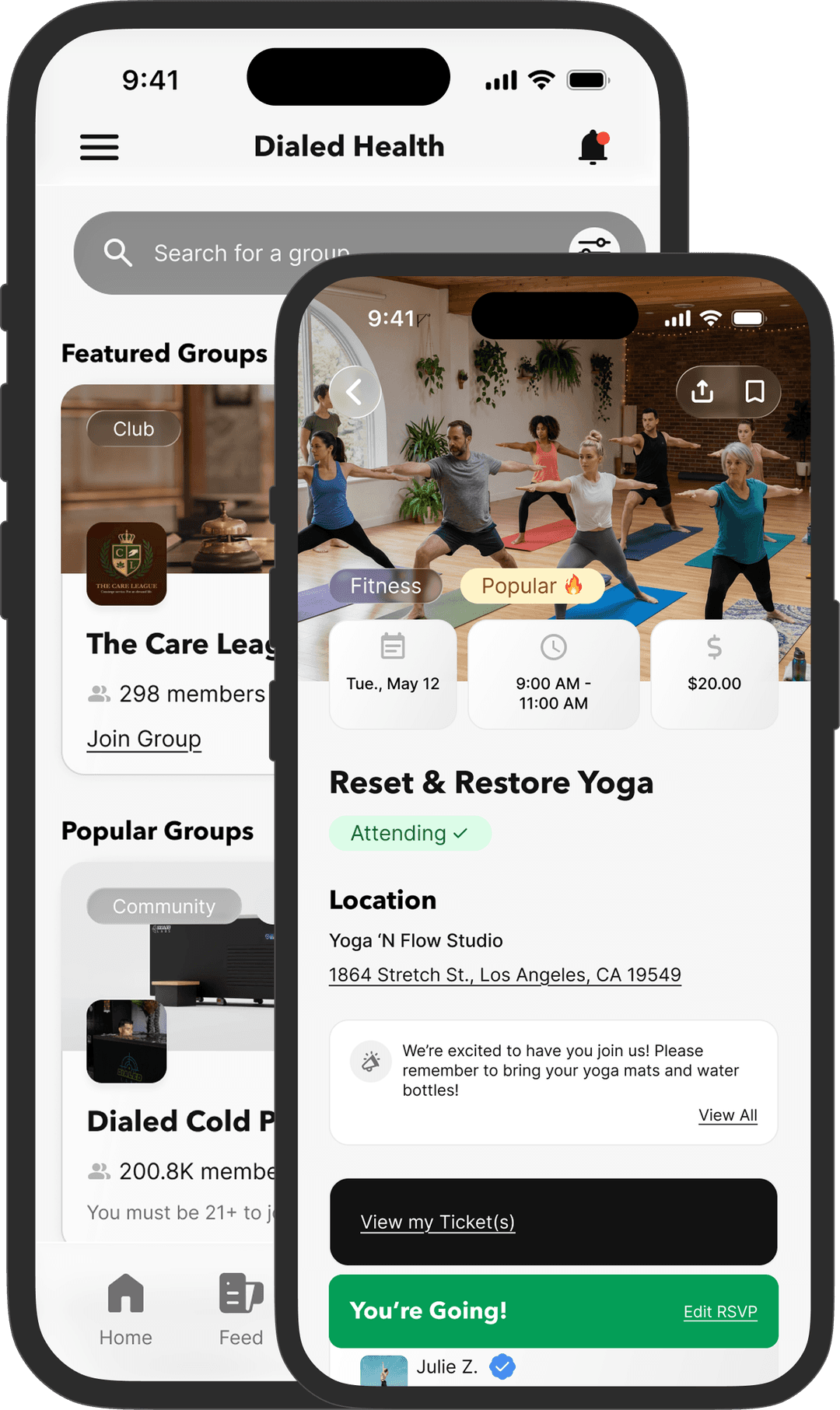 Dialed Health app showing groups and event details